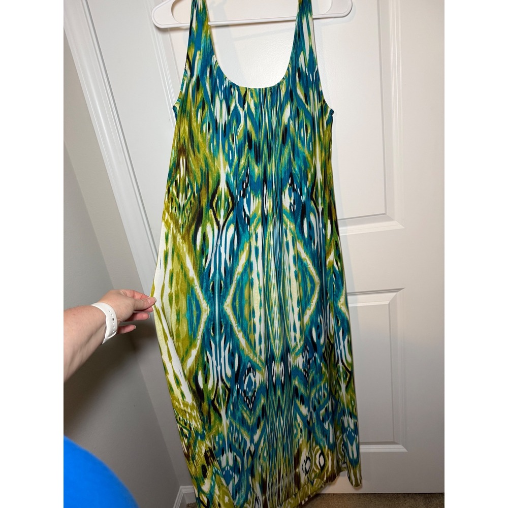 Glamour Women 16W Ikat Print Maxi Dress Teal Lime Green Sleeveless Scoop Neck - Picture 3 of 7